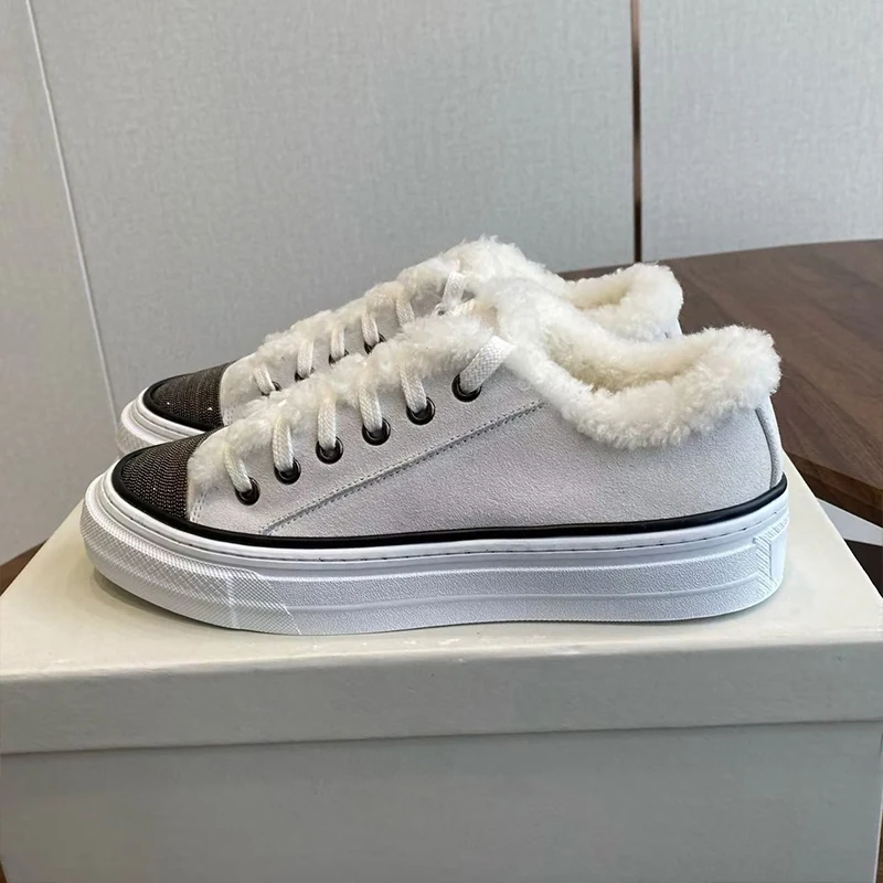 

Туфли из коровьей замши с декором из бисера, туфли на плоской подошве со шнуровкой, женская повседневная обувь с плюшевой подкладкой и толстой подошвой, осенне-зимняя прогулочная обувь