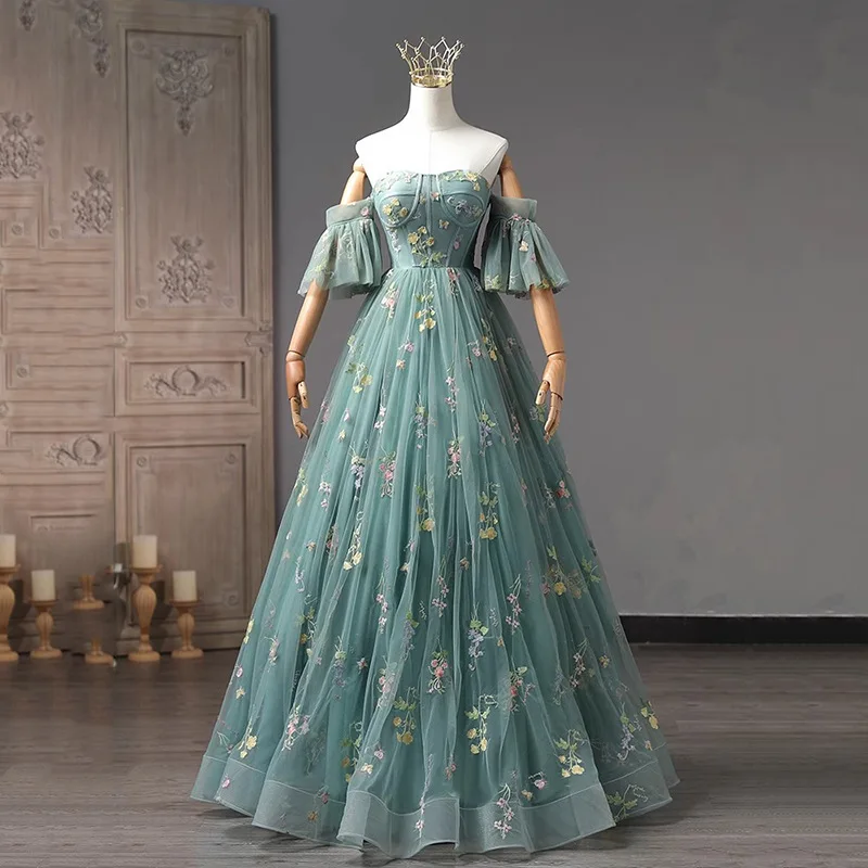 Robe de soirée en tulle à épaules dénudées avec poignées amovibles, robes de Quinceanera élégantes personnalisées, longueur au sol, bleu, ligne A