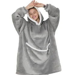 Sudadera con capucha de gran tamaño para hombres y mujeres, manta cálida grande, Sudadera con capucha, bolsillo gigante y mangas, manta de felpa acogedora, gris