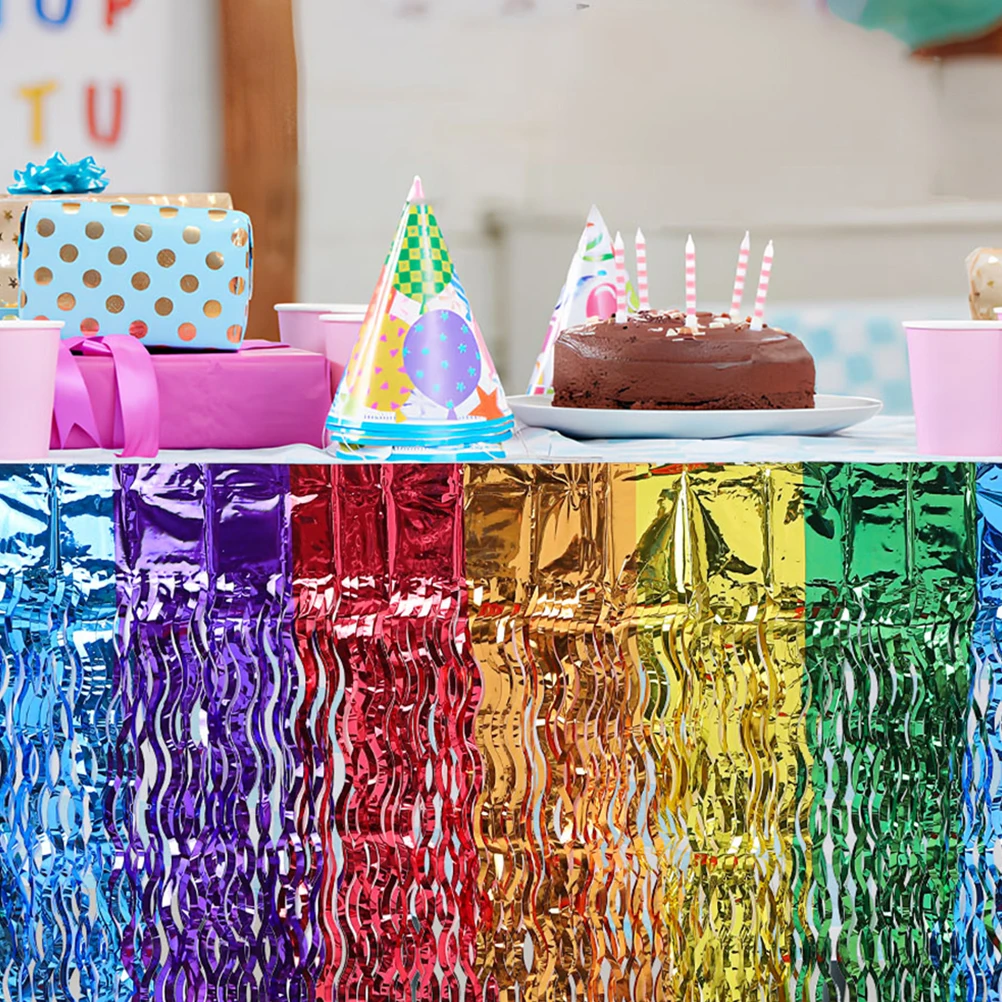 

Colorful Rainbow Fringe Table Skirt Wavy Tinsel Skirt Birthday Shower Wedding Classroom Float Decoration Rainbow Fringe