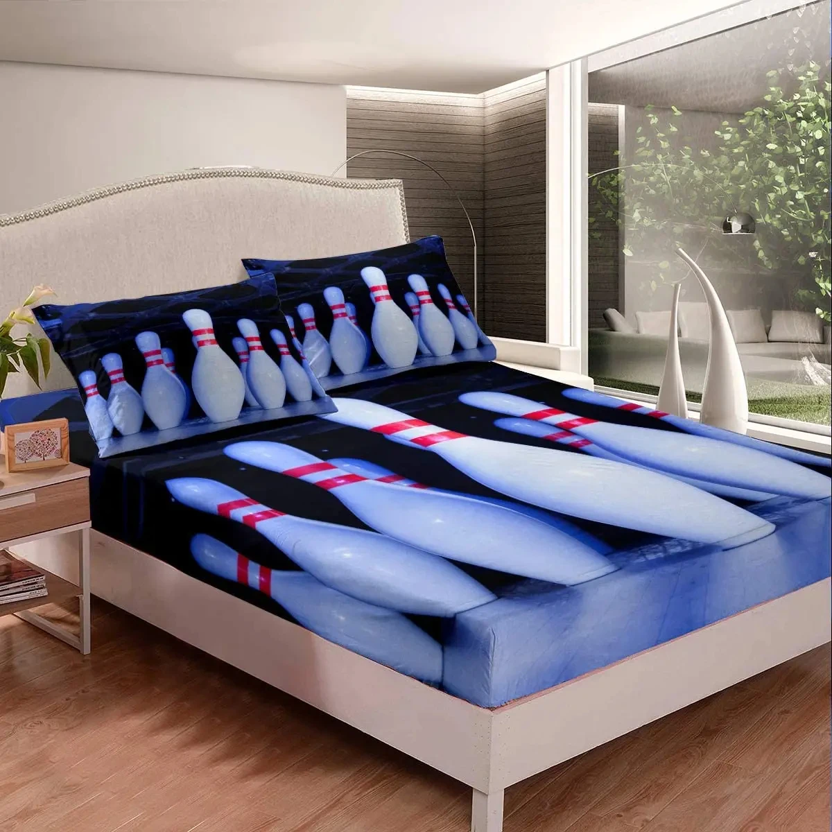 Kids Bowling Sheet Set Twin Size Sports Games Theme Bedding Set, Bowling Ball Pattern Fitted Sheet for Child Girls Teens Bedroom