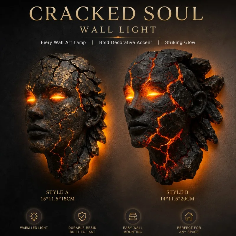 Cracked Soul Wall Lamp 3D Cracked Face Sculpture Ambient Night Light Gothic Home Decor for Bedroom Living Room Hallway Studio