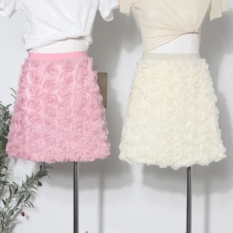 

Three-dimensional Rose Flower Puffy Gauze Skirt Elastic High Waist A-word Short Skirt Women