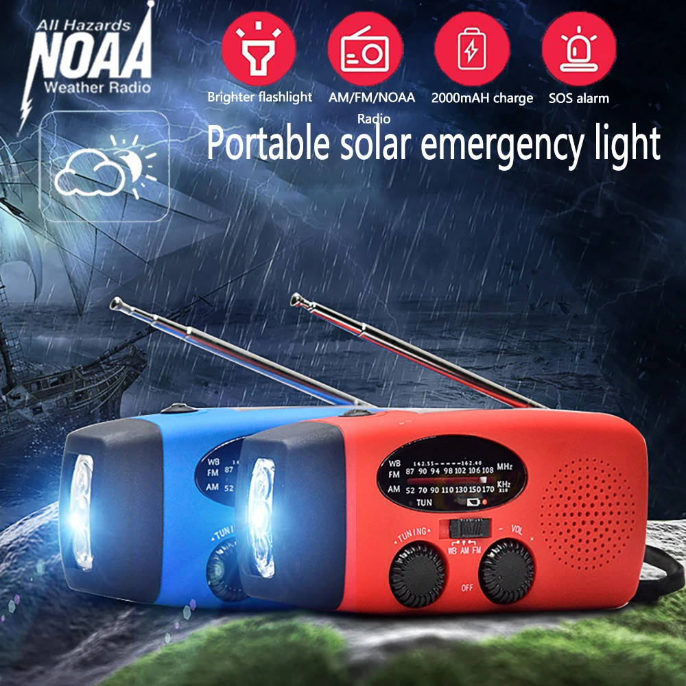 USB charging emergency light radio function waterproof emergency lamp with battery emergency light solar hand charging LED light