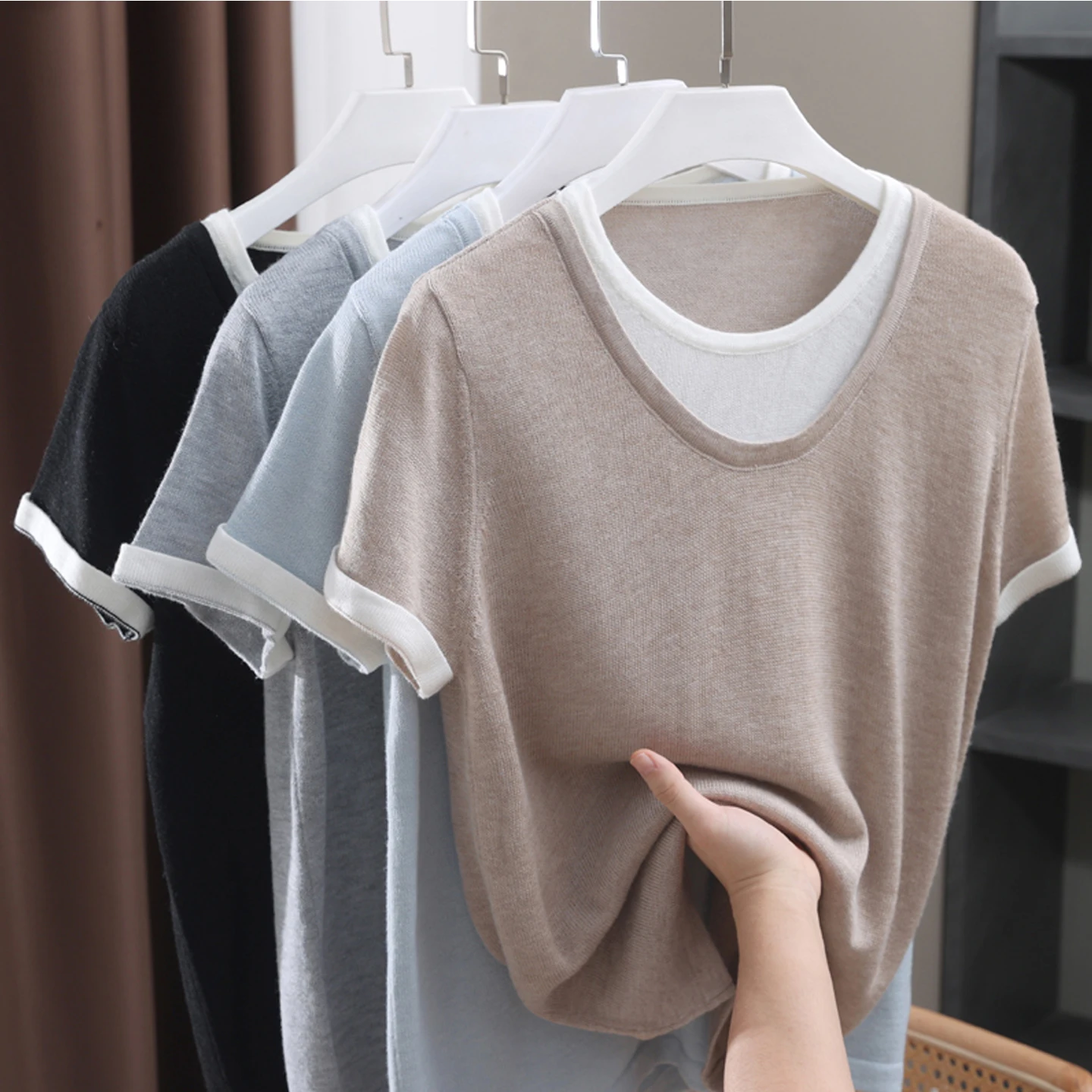 Wool Short Sleeve Tshirt Women Summer New Loose Fine Knitted Round Neck Luxury Top Thin 100 Percent Knitted Bottom Half Sleeve