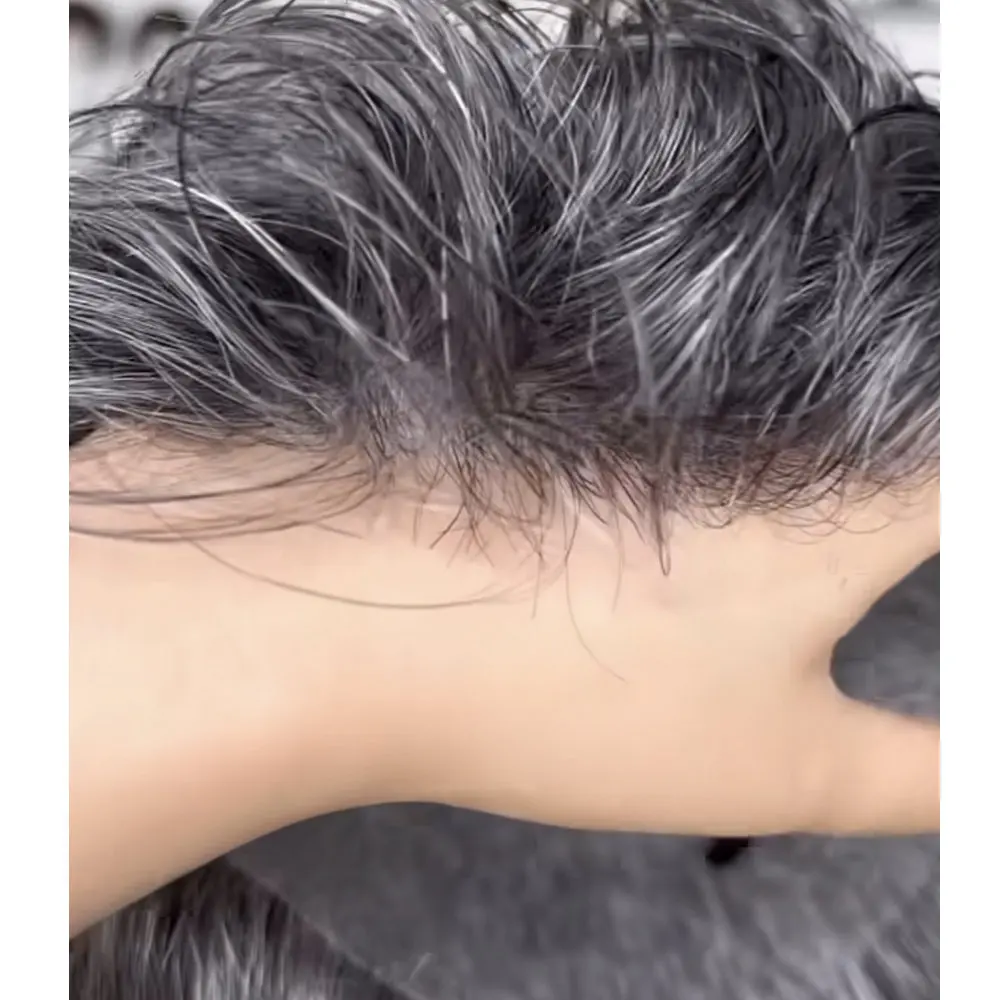 

Мужской парик Super Natural Hairline из 100% натуральных волос, ультратонкая основа 0.02 мм, серо-черный, плотность 80-90, незаметный тупе для мужчин