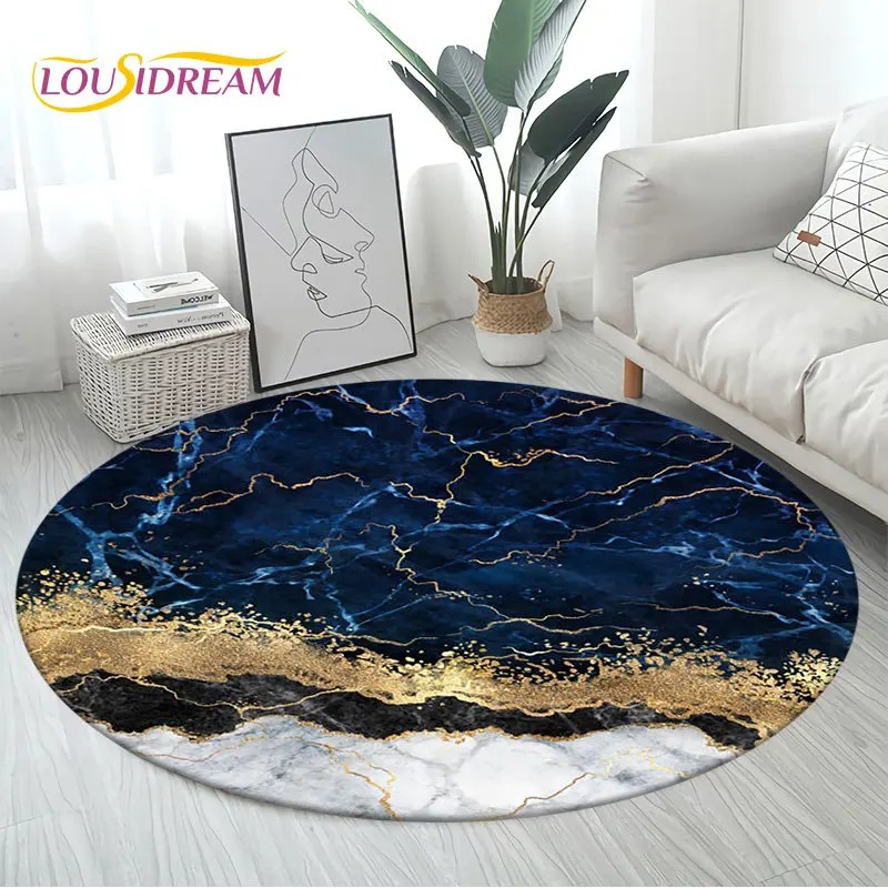 Colour Nordic Black Gold Blue Marble Round Area Rug,Circle Carpet Rug for Living Room Bedroom Sofa Decor, Floor Mat Kitchen Mat