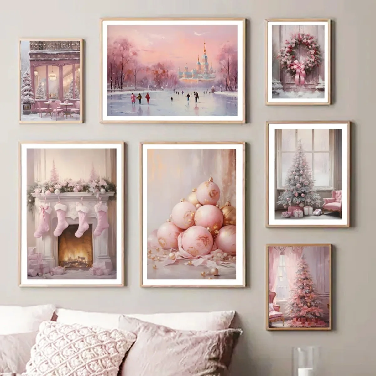 Pink Christmas Tree Pink Snow House Crystal Ball Balloon Skating Fashion Wall Art Canvas Painting Nordic Poster  Room Decor