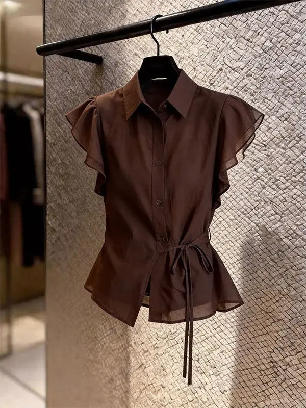 

Asymmetric Flip-Collar Shirt Women's Fashion Design Caffeine Color Patchwork Short Sleeve Waist-Cinching Style Summer New Arr...