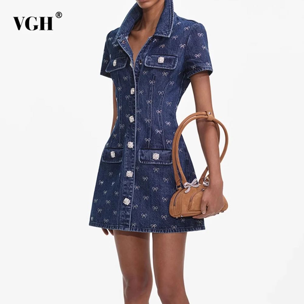 

VGH Slimming Bowknot Printing Denim Dresses For Women Lapel Short Sleeve Spliced Pocket Temperament Commute Dress Female Style