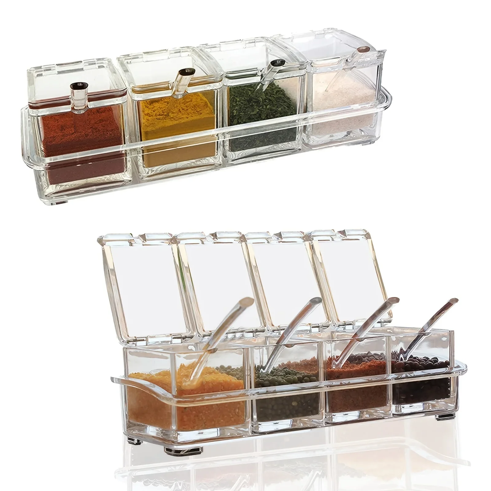 Clear Seasoning Box, Set of 4 Crystal Seasoning Storage Container with Spoon Clear Seasoning Rack Spice Pots for Pepper Spice