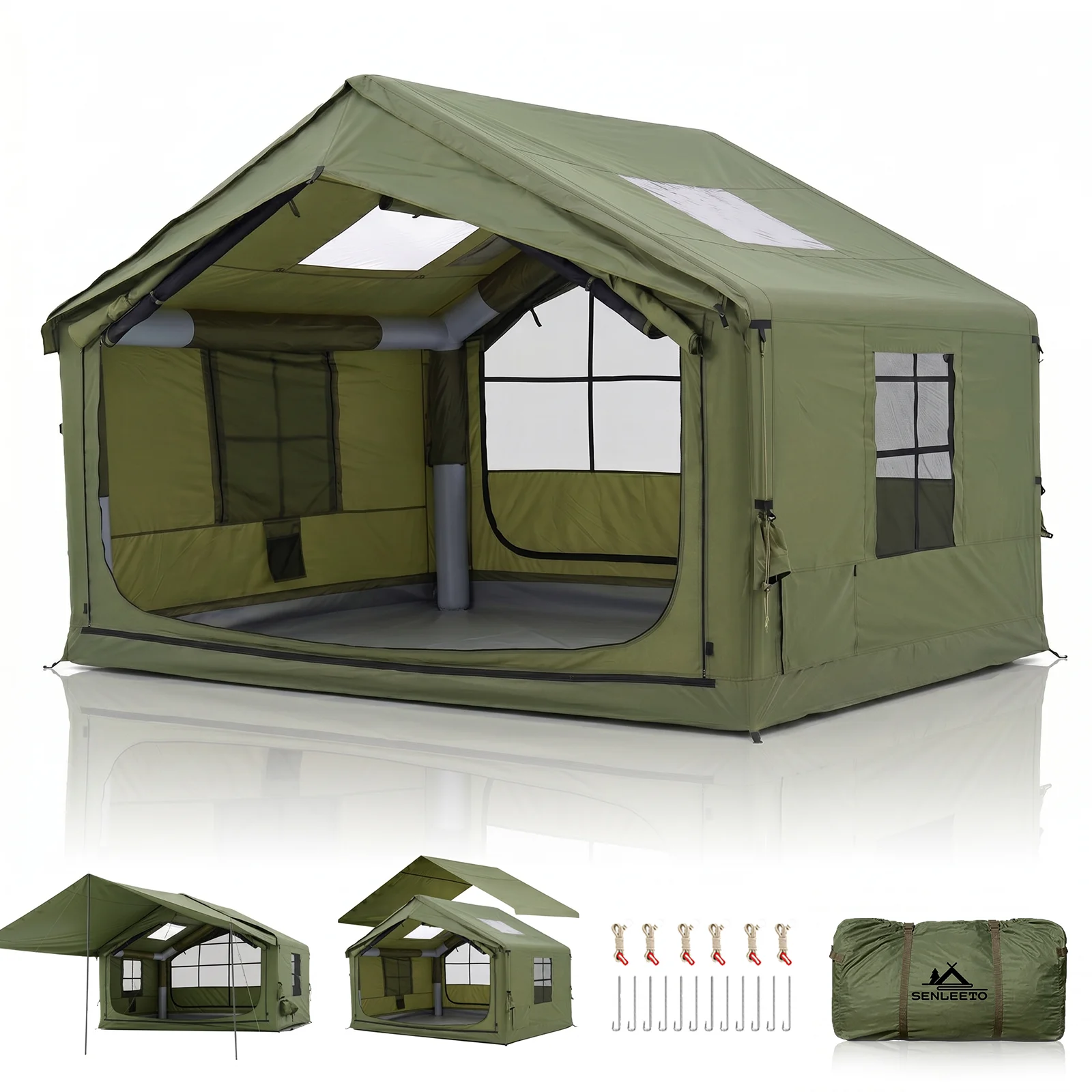12'x10' 풍선형 캠핑 텐트 (레인플라이/캐노피 포함, 4~6인용), 4계절용 펌프식 에어 텐트 (방수, 간편 설치)