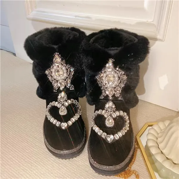 Super Bling Rhinestone Heart Beading Cow suede Snow Boots Crystal Thick Sole Slip On Warm Winter Fur Booties Woman