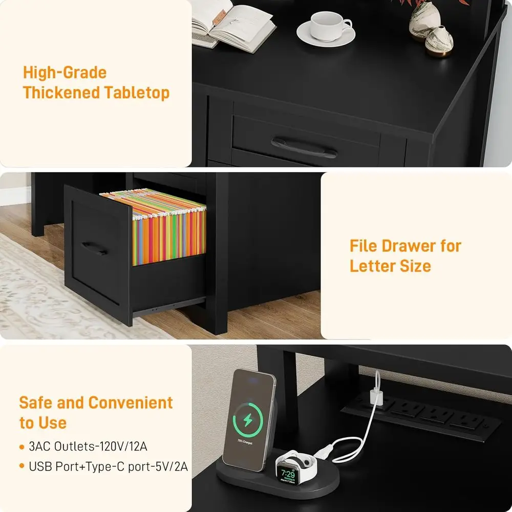 مكتب تنفيذي بذراع مقاس 47 بوصة مع حامل شاشة وأضواء LED ومنافذ طاقة للمكتب المنزلي والدراسة والكتابة باللون الأسود