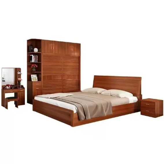 #Modern Minimalist Solid Wood Double Bed Dressing Table Set Convertible Storage Features For Small Bedrooms Apartments Hotels