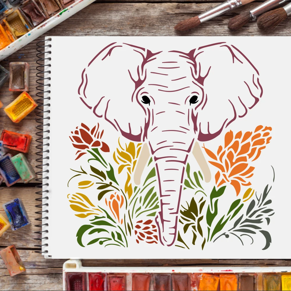 Elephant Stencils Template Plastic Elephant Animal Drawing Painting Stencils Elephant Flower Pattern Reusable Stencil for Paint