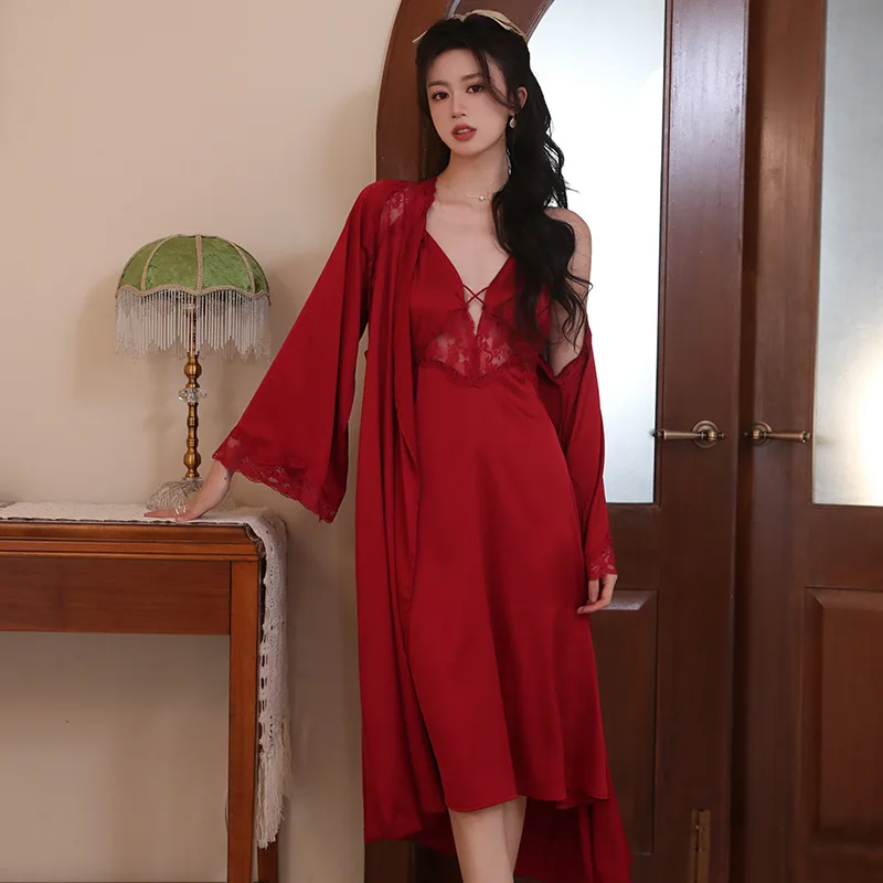 Women\'s Bathrobe Set Sexy Deep V Neck Solid Satin Ladies Sleepwear Nightgown 2 Pcs Set Lace Patchwork Nightwear for Female