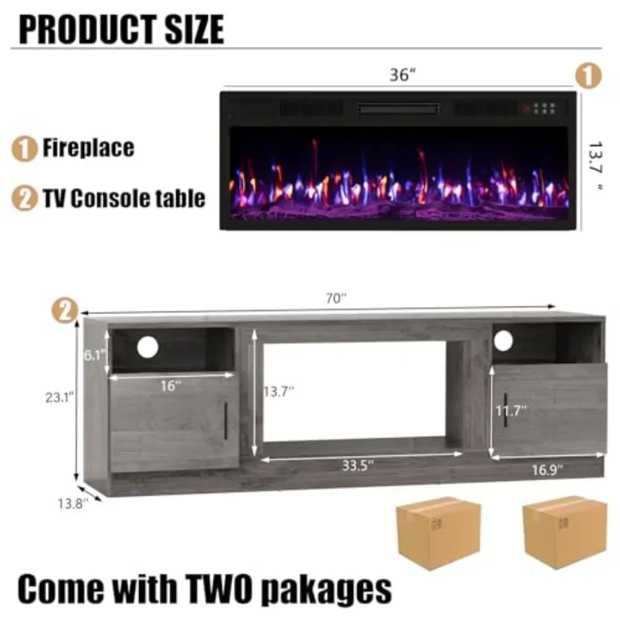 TV Stand with 36-inch Electric Fireplace for Up to 65 TVs, LED Light Entertainment Center, Modern High-Gloss Wood Fireplace wit
