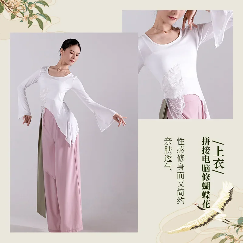 Розовый бамбук, вышивка, бабочка, цветок, классический танцевальный костюм, восточный танец, двойные широкие брюки с разрезом и лентой