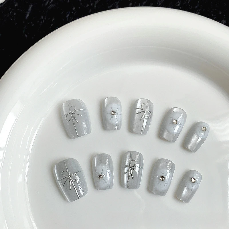 10 Pieces Gentle Sweet Short Handmade Press On Nails Cat Eye Light Colour Fairy Bow Glitter Art Fake Nails Removable Reusable