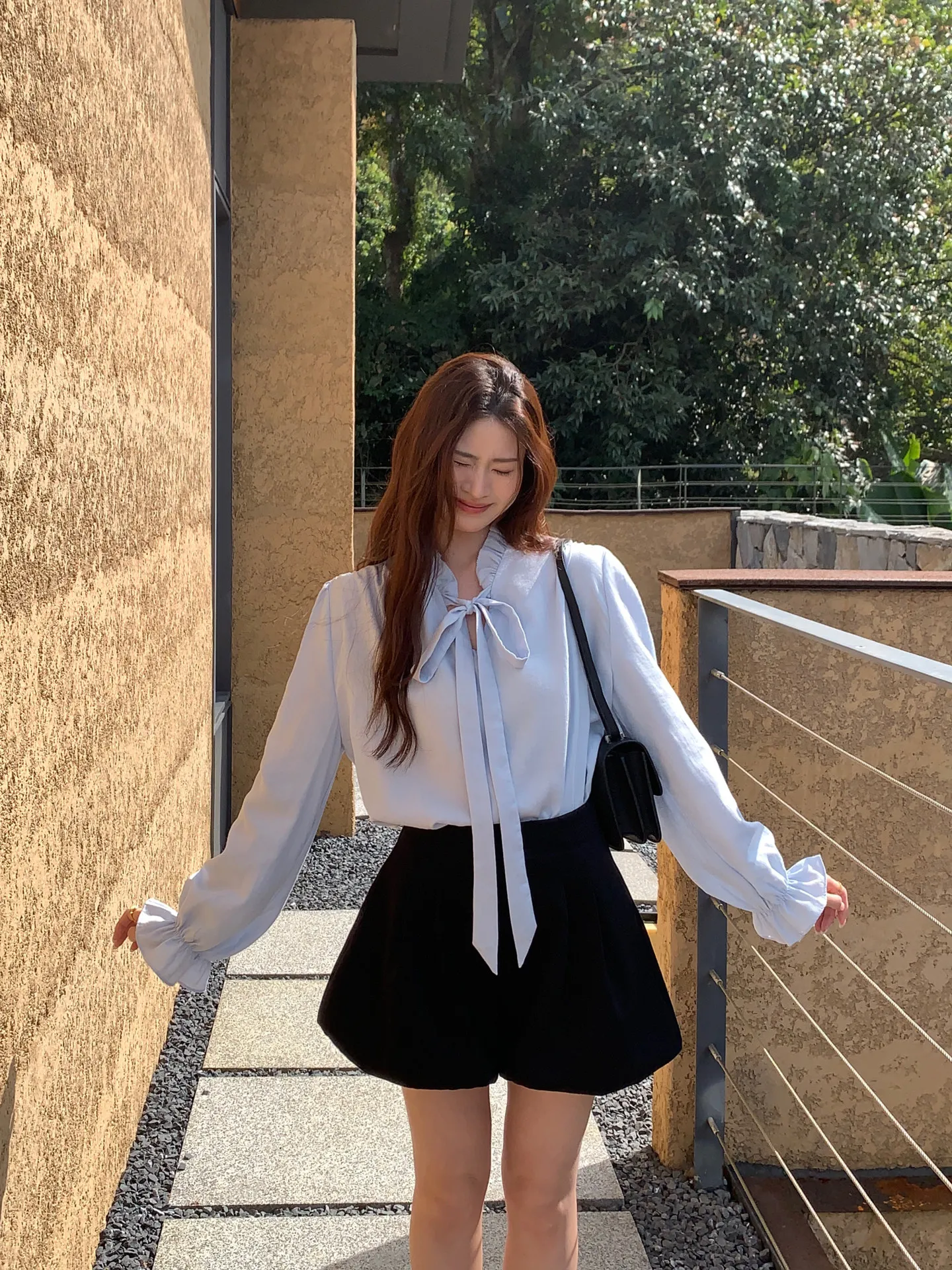 【WENRAN】Women's Light Blue Shirt Ruffle Trim Tie Neck Loose Stylish Blouse Summer Daily Wear view 2