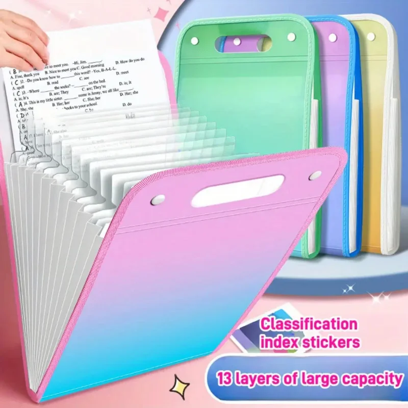 

13-Layer Gradient Color Portable Folding File Pouch with Index Stickers, PP Material for Documents