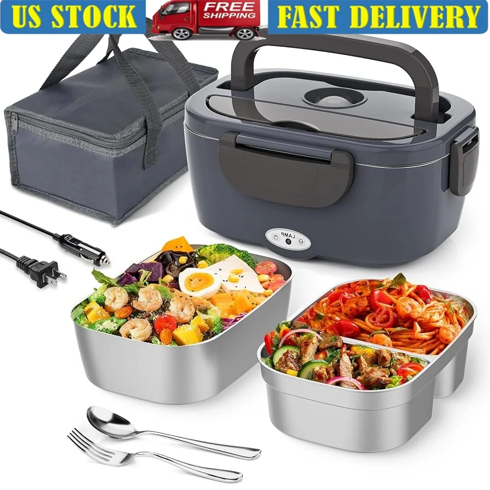 3 in 1 Electric Lunch Box Food Heater Portable Warmer Leakproof Microwave Car Home Dual Compartment Removable Stainless Steel