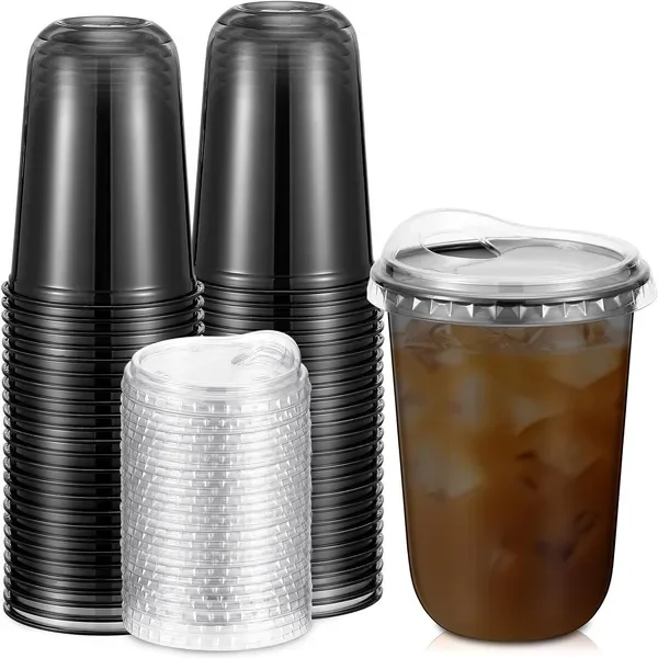 

50 Pcs Round Bottom Plastic Cups with Sip Lids Clear Disposable Iced Coffee Cups for Smoothie Cold