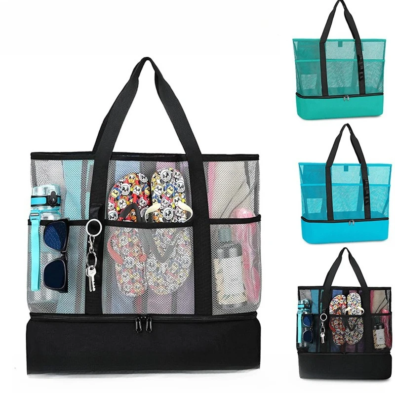 1PCS  Mesh Open-top Double Layer Beach Shoulder Bag Reinforced Wide Handle Oxford Tote for Gym Spa Shoes & Toiletries Storage