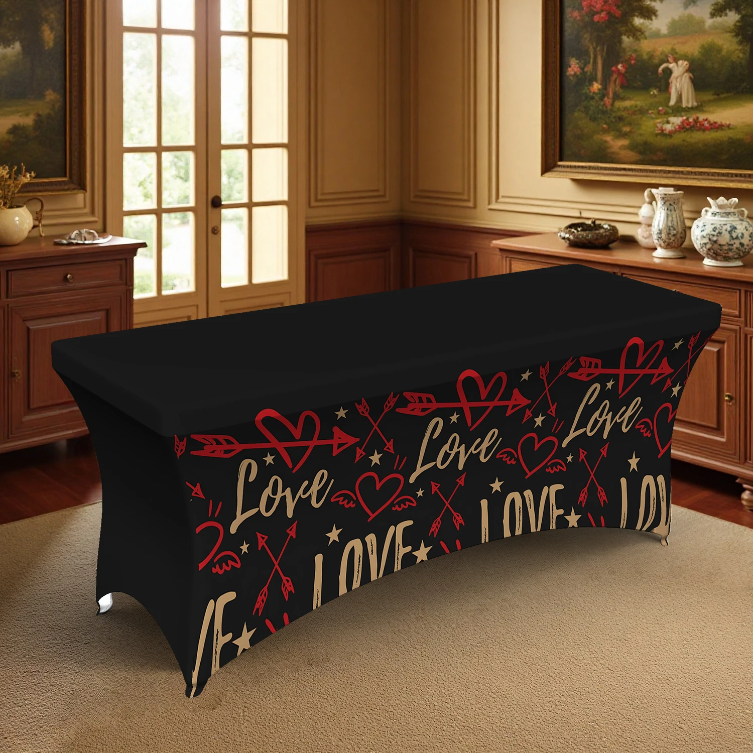 1PC Romantic Love Heart & Arrow Printed Elastic Tablecloth, 4/6/8FT Summer Outdoor Stretchable Rectangle Table