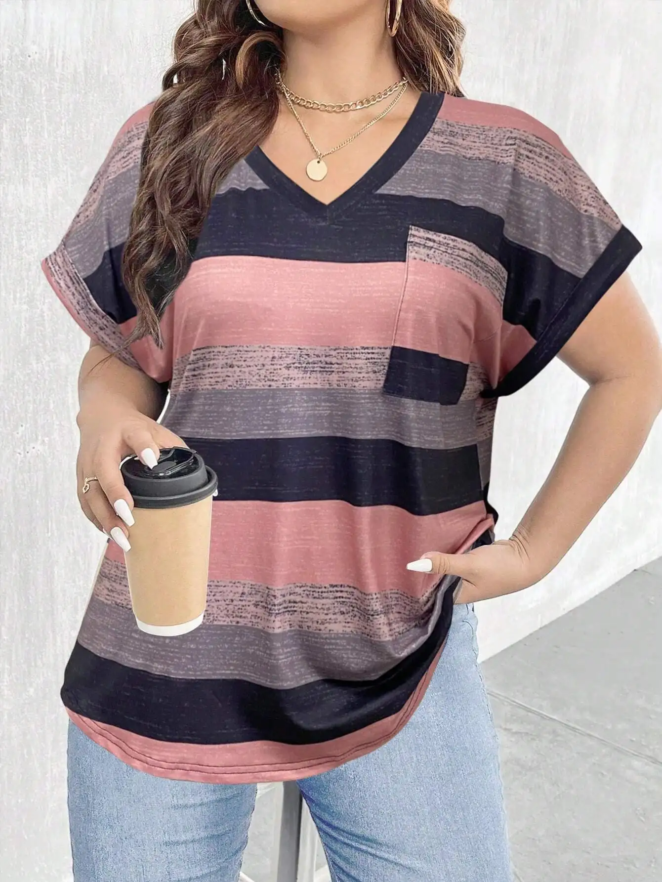 

Plus Size Women's Striped V-Neck Short Sleeve Casual T-Shirt for Summer