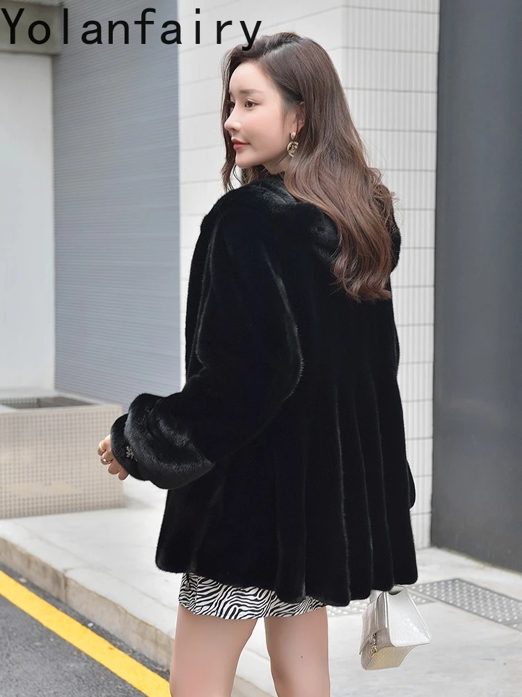 YOLANFAIRY Wysokiej Jakości Płaszcz z Naturalnego Futra Norki z Kapturem, Damska Zimowa Kurtka z Naturalnego Futra Norki, Średniej Długości Czarny Płaszcz Futrzany