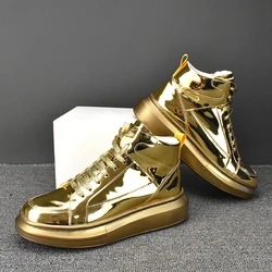 2024 Men's High Top Sports Shoes Fashion Shiny Leather Gold Silver Luxury Skateboard light soft Boots Sneaker high-quality