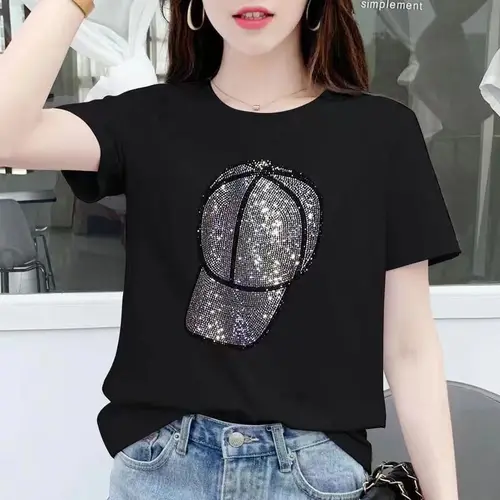 Imagen 2 del producto Tops de diamantes a la moda para mujer, jerséis lisos de verano, ropa negra de manga corta para mujer, camisetas que combinan con todo con cuello redondo 2024