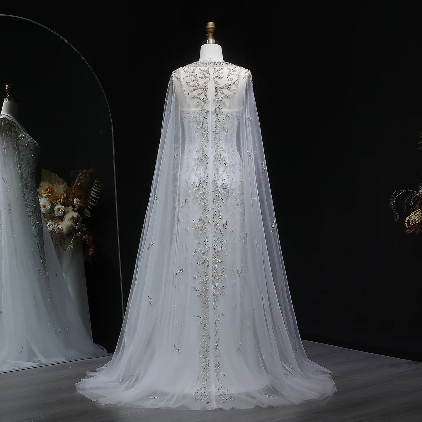 Sharon Said Luxuriöses Rosa Meerjungfrauen-Abendkleid mit Cape-Ärmeln in Weiß für Damen, Hochzeit, Party, Ballkleider, Arabisch SS393, Maßanfertigung – Detail 12
