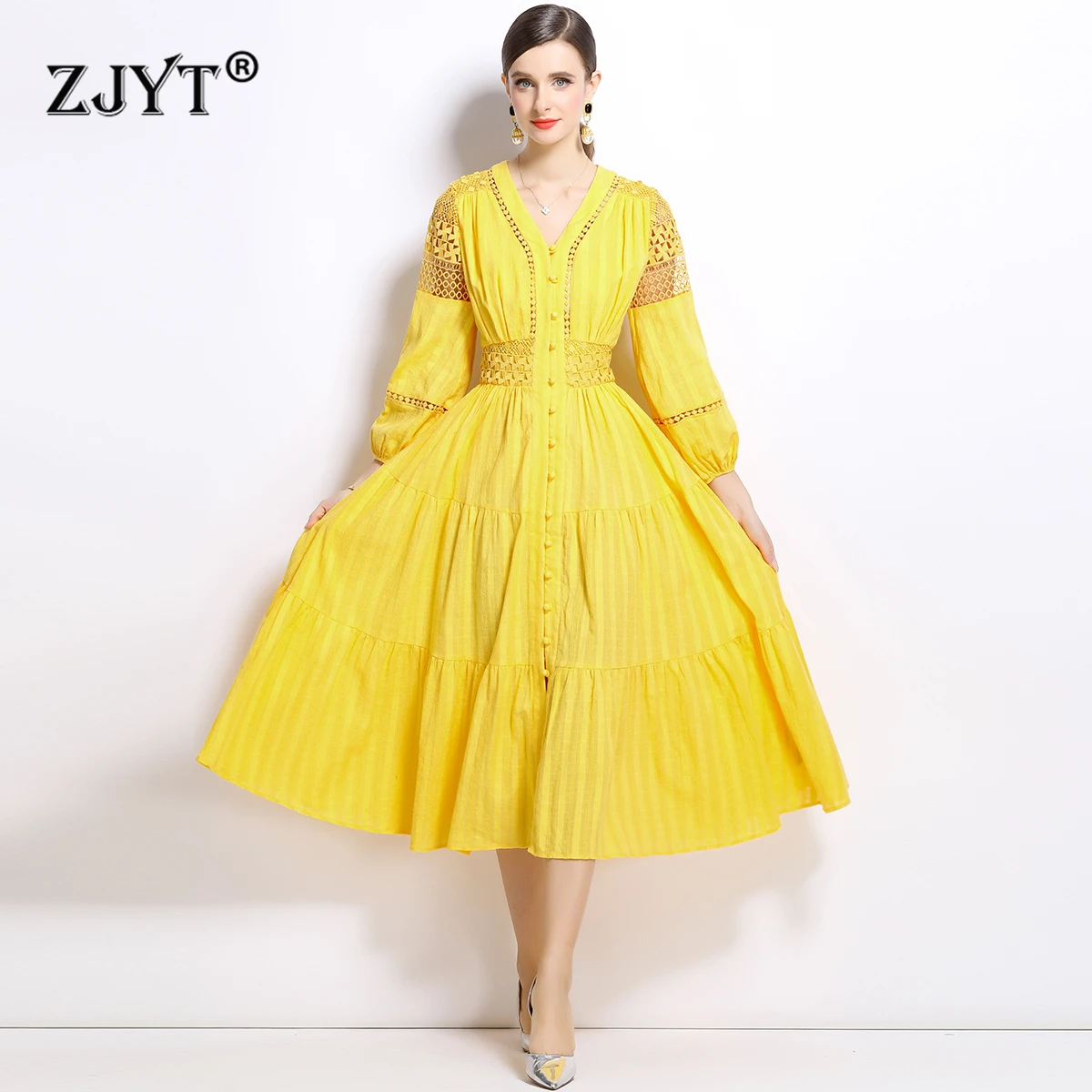 ZJYT 2025 New Fashion Women's Spring Dresses Long Sleeve V Neck Hollow Out Patchwork Midi Holiday Drress White Yellow Casual