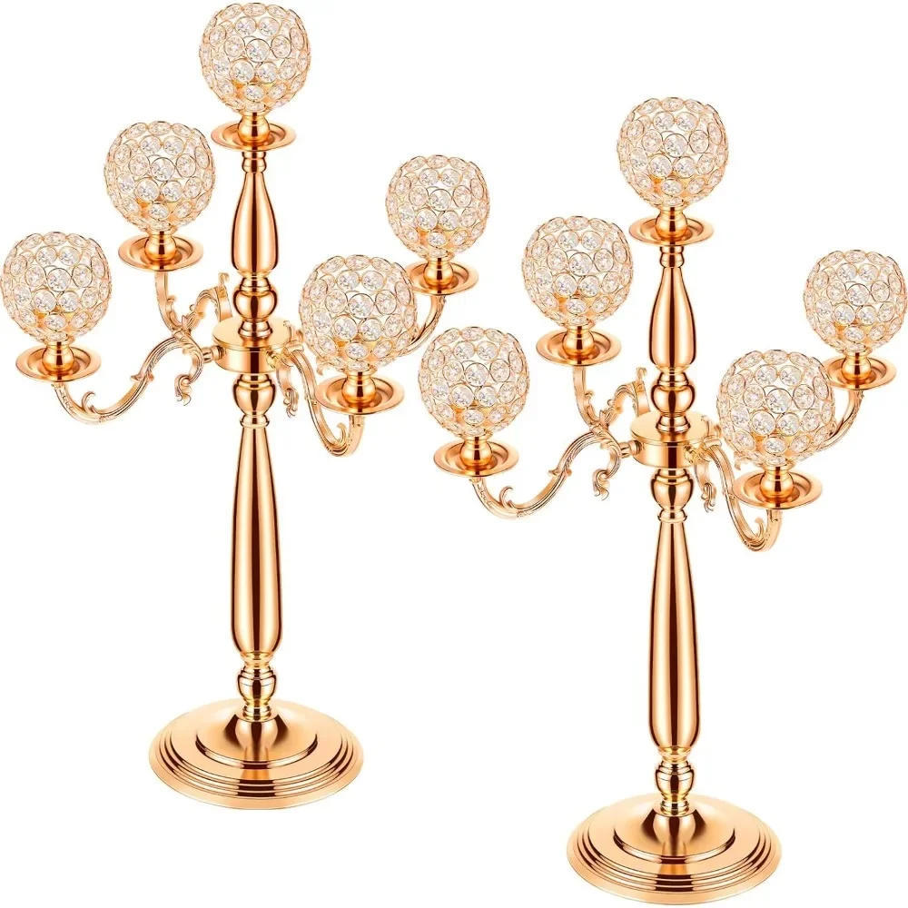 

2 Pcs Candelabras Centerpieces 5 Arm Crystal Gold Candle Holders for Table Centerpiece 29.5 Inch Tall Floor Candle Holder Decor