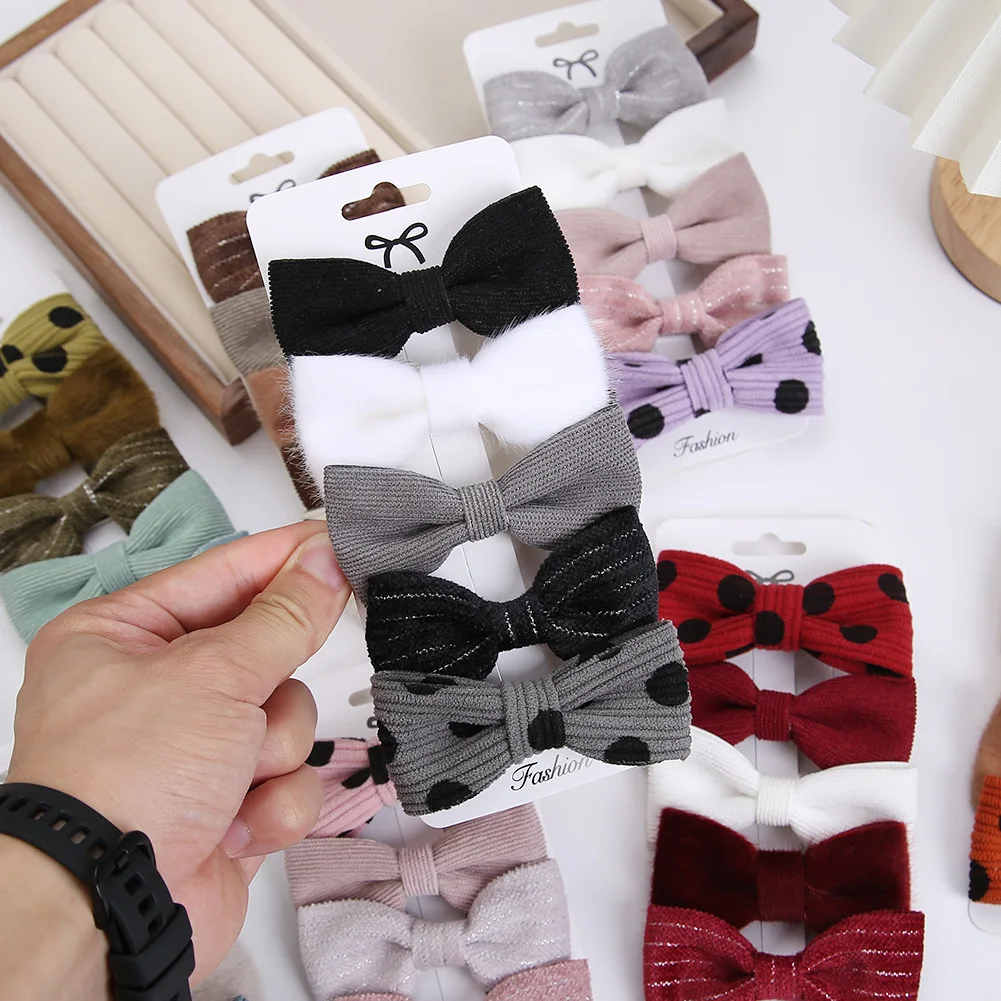 

5PCS 3.2" Girls Corduroy Bow Hair Clips Baby Dot Spot Prints Bow Hairpins Kid Fur Bow Barrettes Hair Clip For Children Headwear