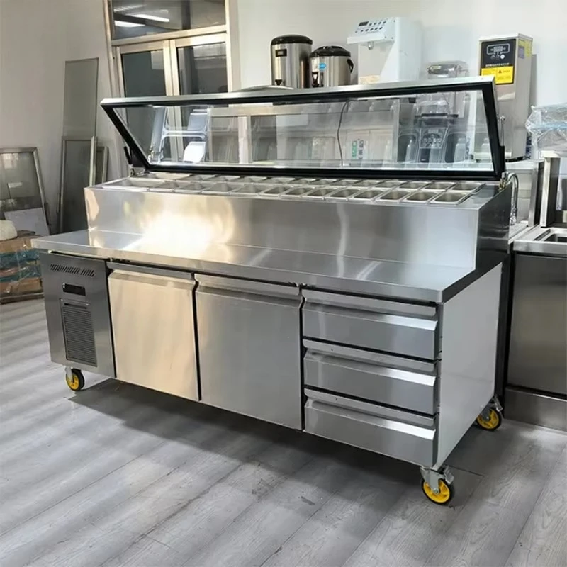 Low Price Stainless Steel Commercial Desktop Cooler Refrigerated Pizza Display Saladette Refrigerator Pizza