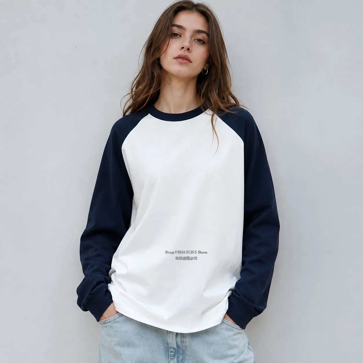 220G Baumwolle Damen Langarm T-Shirt Raglan Farbblock Rundhals Locker Sitzend Baseball-Tee Lässige Alltags-Streetwear Herbst-Oberteil – Detail 1