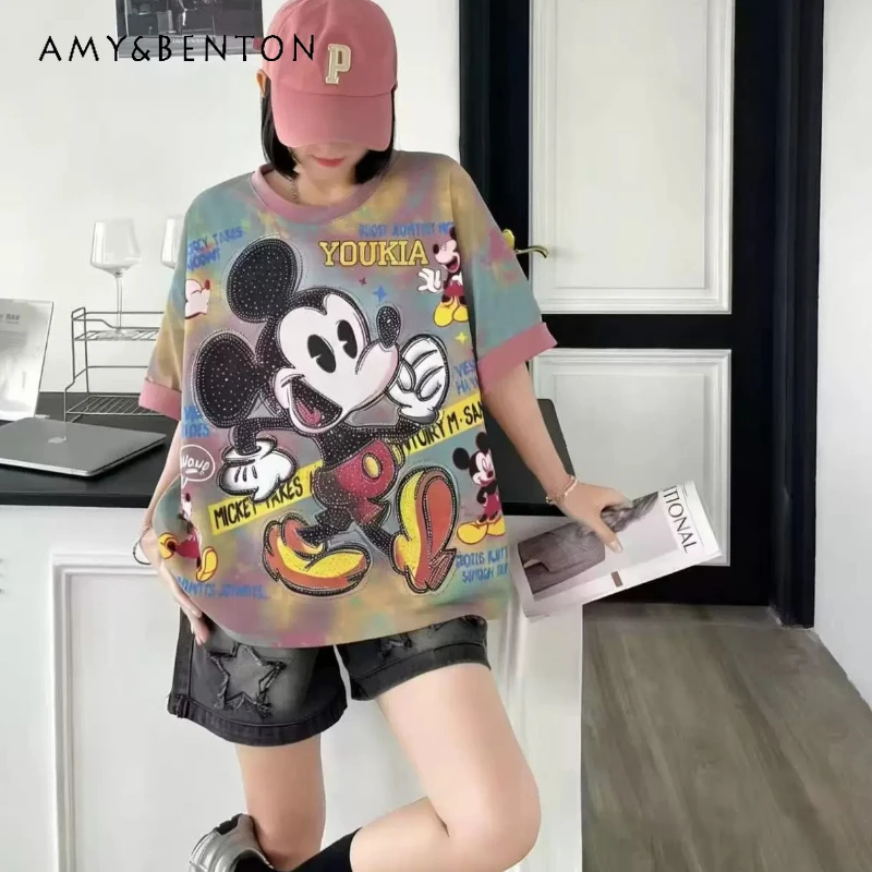 

Модная футболка с принтом тай-дай и мультяшными персонажами, летняя новинка 2026 года, красивая свободная цветная футболка с коротким рукавом, пуловер в стиле Y2K, кавайная одежда для женщин