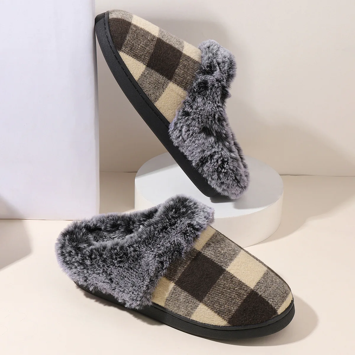 Smile Winter Non-slip Thickened Home Cotton Slippers Warm Comfortable Fleece Cotton Slippers Indoor Lattice Wool Cotton Slippers