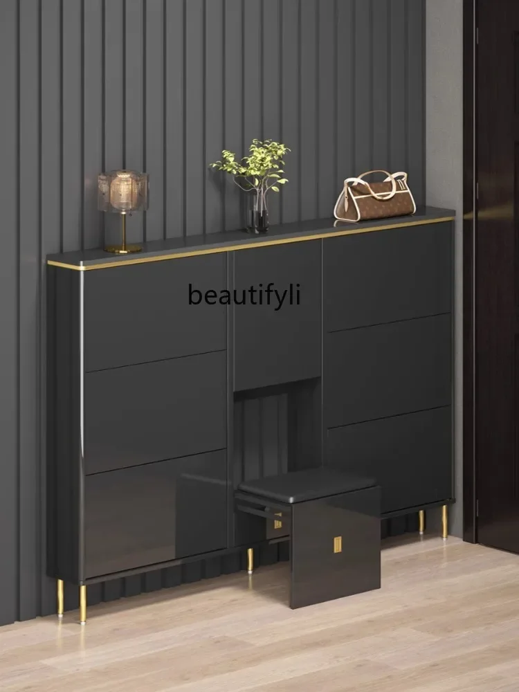 Light Luxury Stone Plate Black Ultra-Thin Shoe Cabinet 17cm Hot Sale Home Doorway Home Narrow Tilting Entrance Cabinet