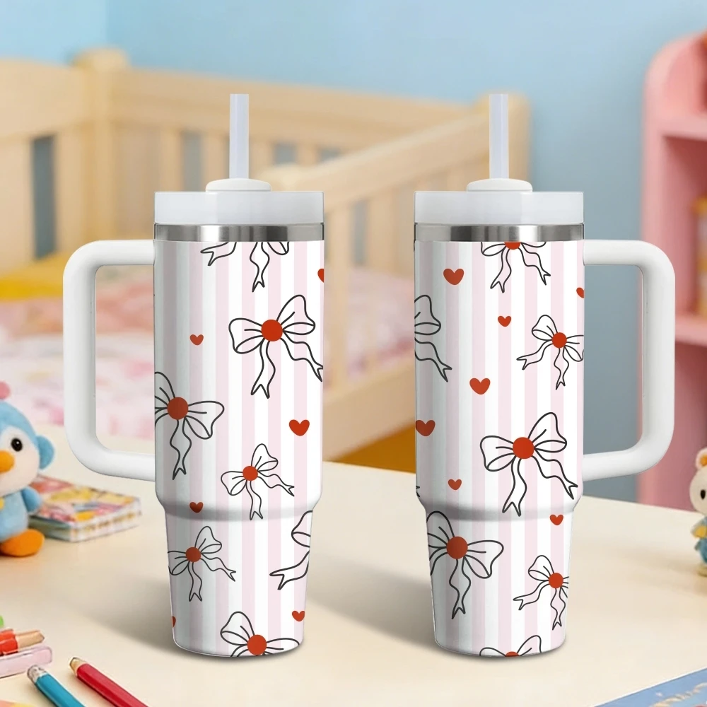 Ribbon Bows and Small Flowers Vacuum Flasks 40oz Stainless Steel Vacuum Insulated Tumbler with Straw Leak Resistant Travel Mug