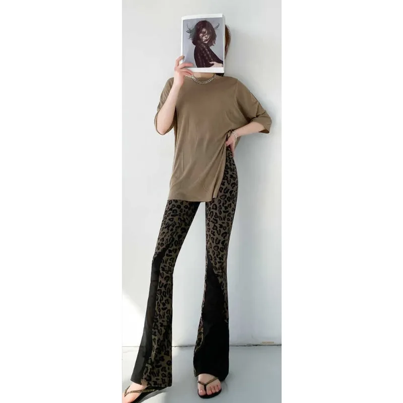 레오파드 프린트 대비 색상 약간 당겨진 바지 여름 얇은 다목적 대형 지방 하이 웨이스트 캐주얼 스포츠 플레어 바지
