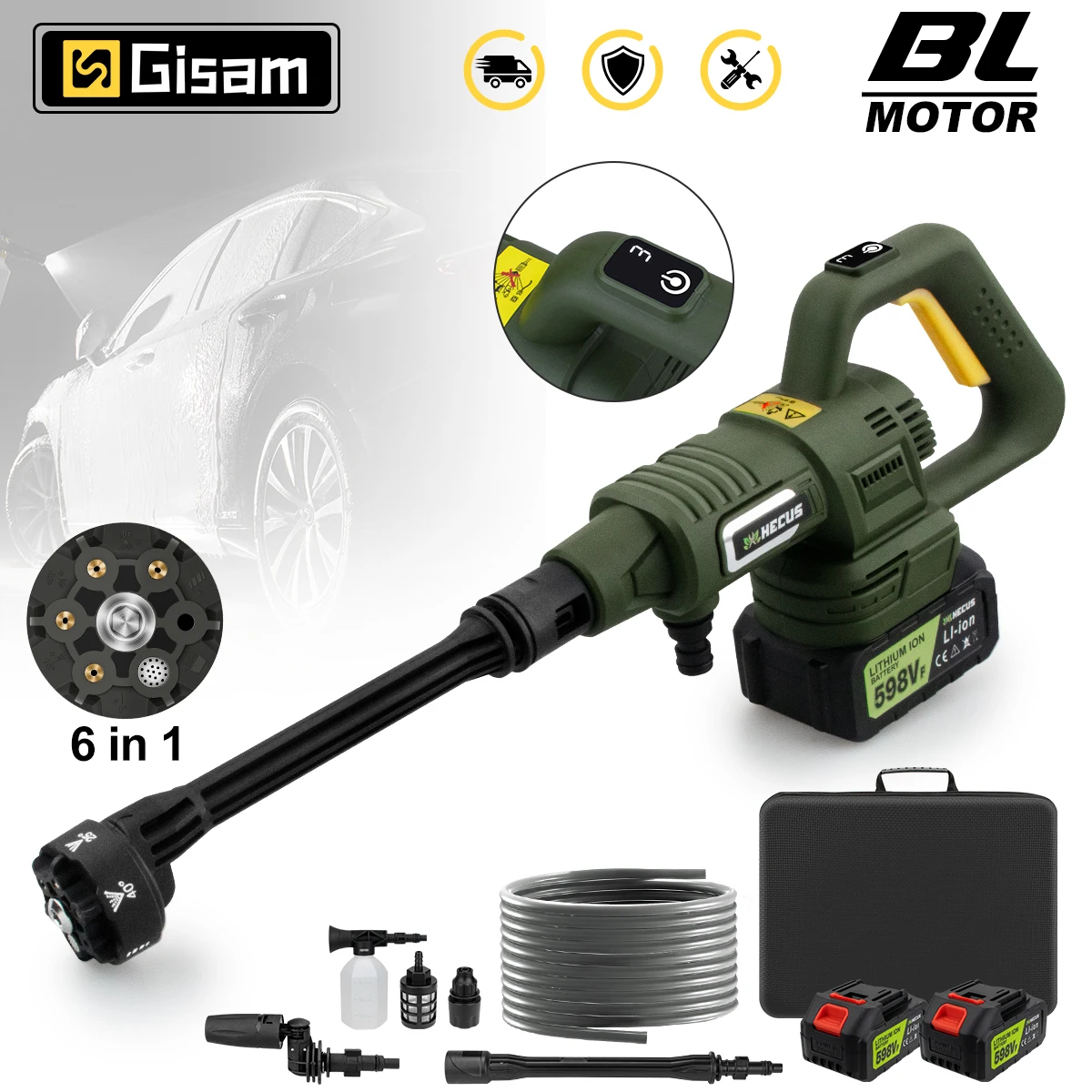 Gisam 200Bar Bürstenloser Elektrischer Hochdruck-Autowäscher 6-in-1 Kabellose Wasserpistole Gartenreinigungsgerät für Makita 18V Akku