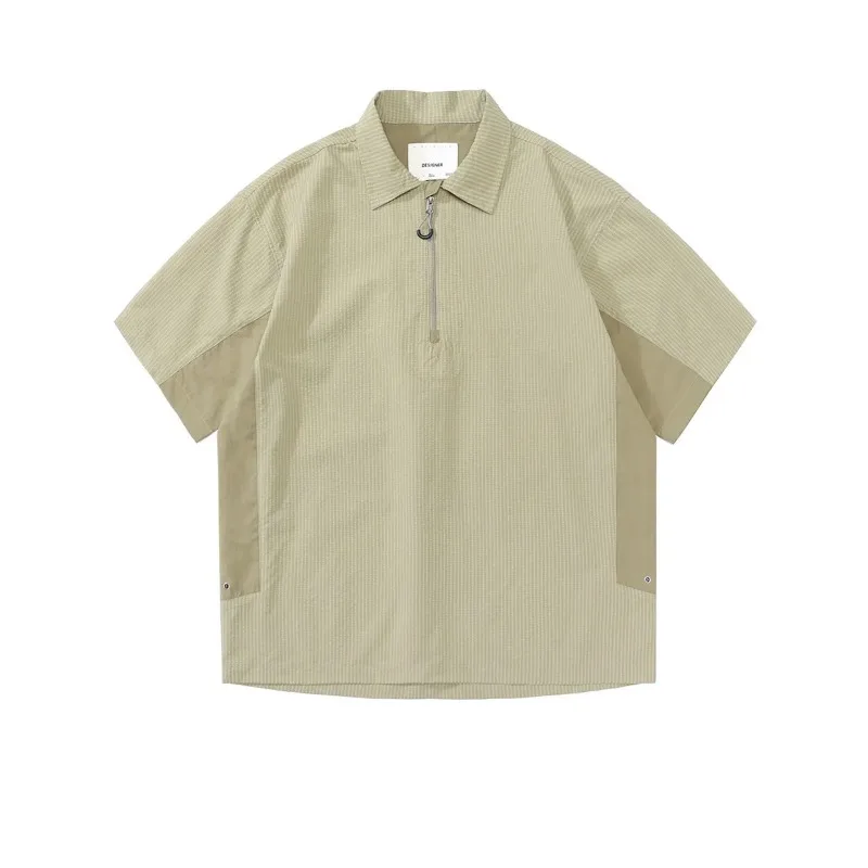 

Мужская полосатая контрастная рубашка-поло с половиной молнии, модный минималистичный повседневный топ с короткими рукавами