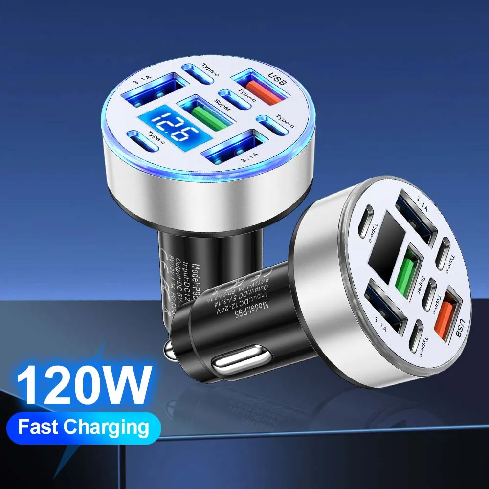 

120W PD Car Charger QC3.0 Fast Charge 8 Ports Car Cigarette Lighter Plug Car Charger Flash Charge with Digital Display For Phone