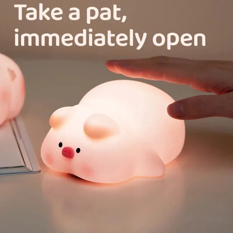 Cute Pink Piggy Silicone Night Light USB Rechargeable Pat Control LED Lamp for Kids Bedroom Room Decor Children Gift Lovely
