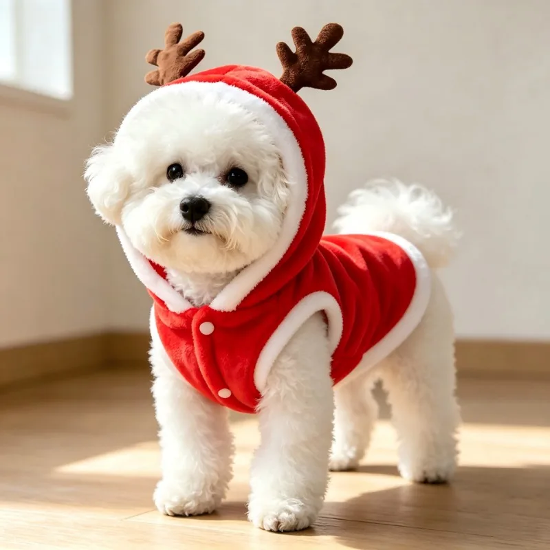 Christmas Cat Dog Dress Plush Fabric Cat Dog Dress Antler Hooded Pet Clothes Christmas Tree Patch Holiday Pet Outfit Apparel